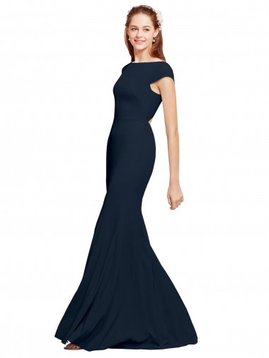 Cheap Open Back Dark Navy A-Line Boat Neck Long Formal Dress UK