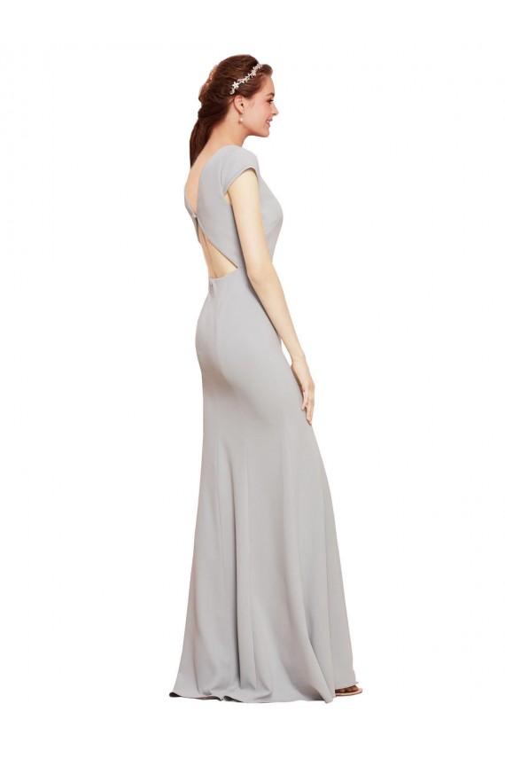 Open Back Dark Navy A-Line Boat Neck Long Formal Dress