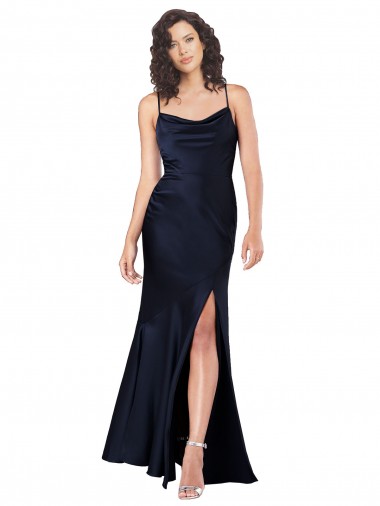 Cheap Dark Navy A-Line Cowl Neck Long Black Tie Formal Dress UK
