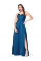 Low Back Peacock Blue A-Line Cowl Neck Long Formal Dress