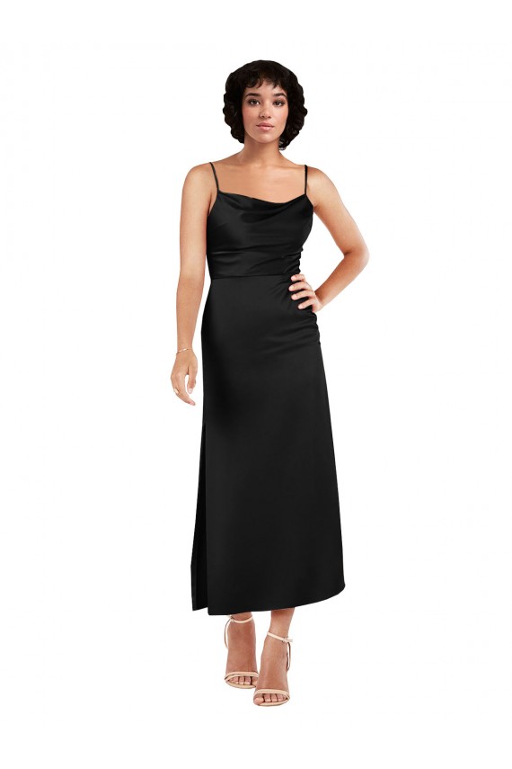 Black A-Line Cowl Neck Tea Length Formal Dress