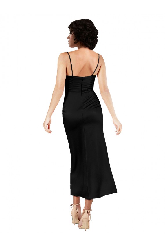 Black A-Line Cowl Neck Tea Length Formal Dress