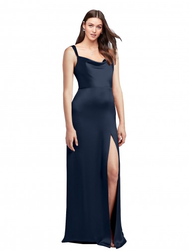 Cheap Low Back Dark Navy A-Line Cowl Neck Long Formal Dress UK