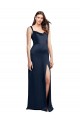 Low Back Dark Navy A-Line Cowl Neck Long Formal Dress