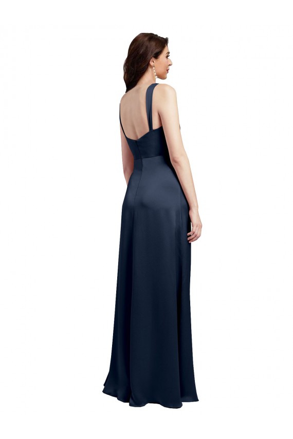Low Back Dark Navy A-Line Cowl Neck Long Formal Dress