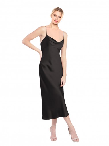 Cheap Low Back Black A-Line Cowl Neck Midi Length Formal Dress UK