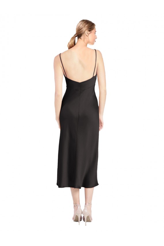 Low Back Black A-Line Cowl Neck Midi Length Formal Dress