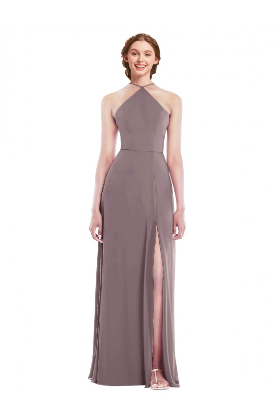 Low Back Dusty Rose A-Line Halter Neck Long Formal Dress