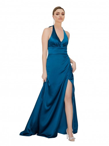 Cheap Open Back Peacock Blue A-Line Halter Neck Long Formal Dress UK