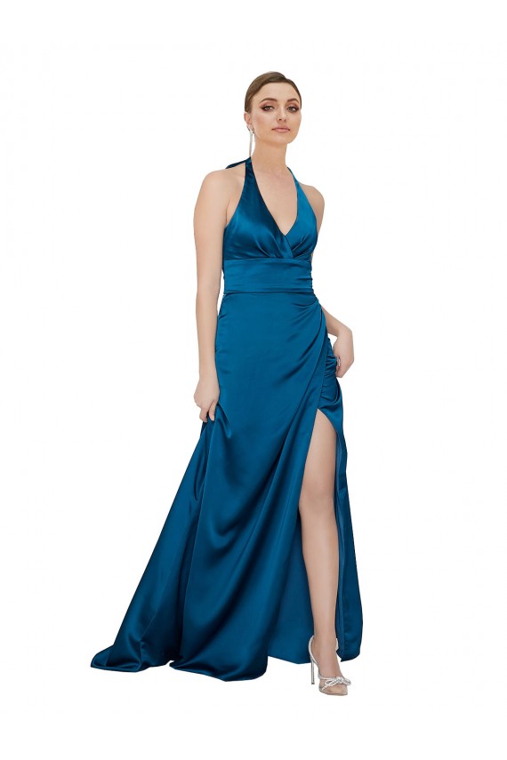Open Back Peacock Blue A-Line Halter Neck Long Formal Dress