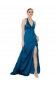 Open Back Peacock Blue A-Line Halter Neck Long Formal Dress