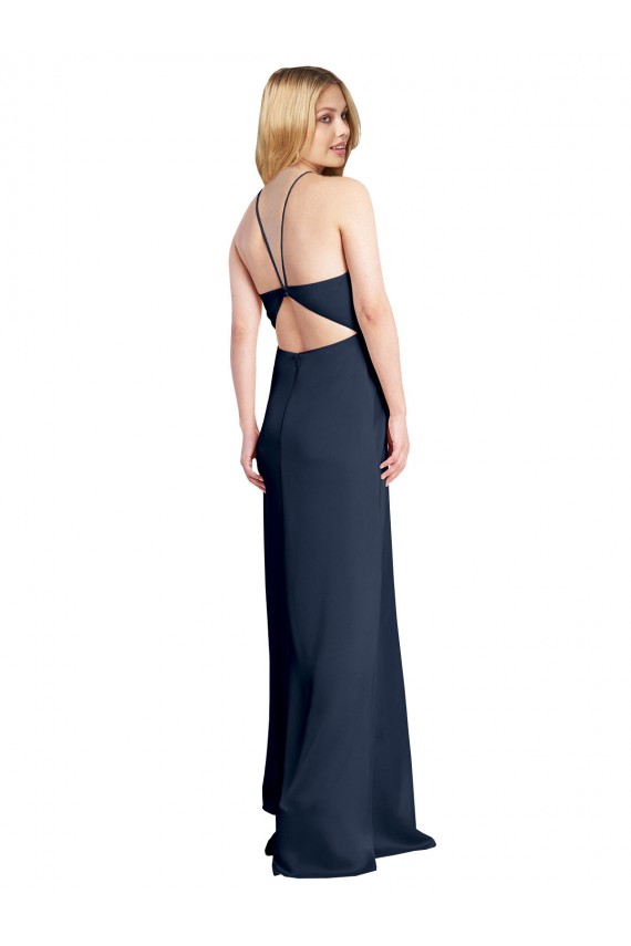 Open Back Dark Navy A-Line Halter Neck Long Formal Dress