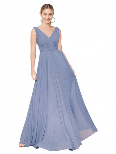 Cheap V-Back Dusty Blue A-Line High Neck Long Formal Dress UK