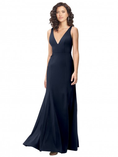 Cheap V-Back Dark Navy A-Line High Neck Long Formal Dress UK
