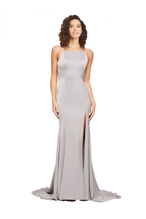 Low Back A-Line High Neck Sweep Train Formal Dress