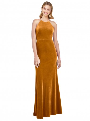 Cheap Open Back Gold A-Line High Neck Long Formal Dress UK