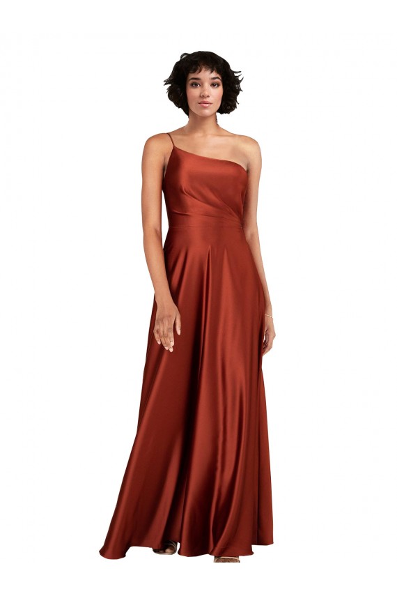 Burnt Orange A-Line One Shoulder Long Black Tie Formal Dress