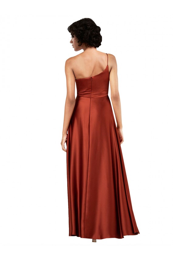 Burnt Orange A-Line One Shoulder Long Black Tie Formal Dress