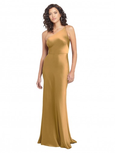 Cheap Gold A-Line One Shoulder Sleeveless Long Formal Dress UK