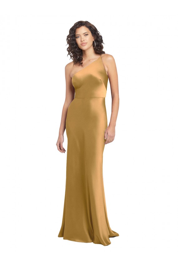 Gold A-Line One Shoulder Sleeveless Long Formal Dress
