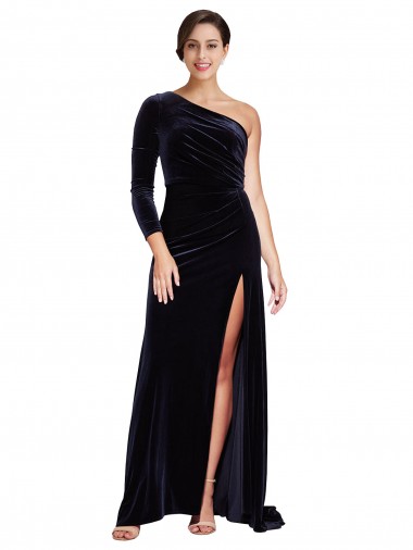 Cheap Dark Navy A-Line One Shoulder Sweep Train Formal Dress UK