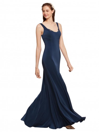 Cheap Low Back Dark Navy A-Line Round Neck Long Formal Dress UK