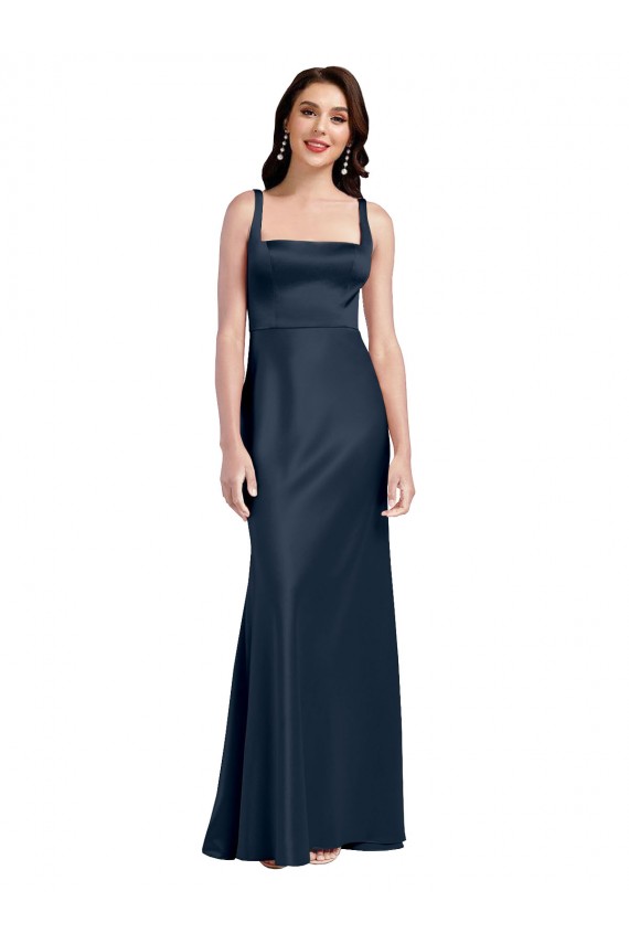 Low Back Dark Navy A-Line Square Neck Long Formal Dress