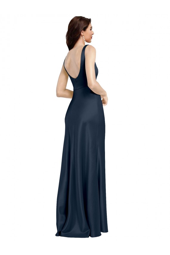 Low Back Dark Navy A-Line Square Neck Long Formal Dress