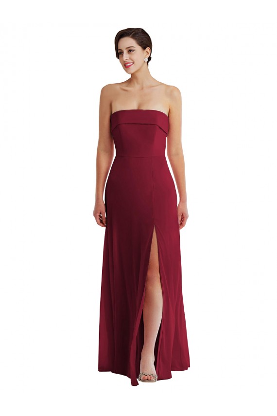 Low Back Burgundy A-Line Strapless Long Formal Dress