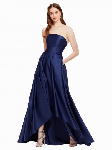 Cheap Low Back Dark Navy A-Line Strapless Long High Low Formal Dress UK