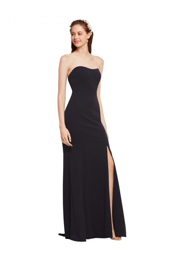 Low Back Dark Navy A-Line Strapless Long Formal Dress