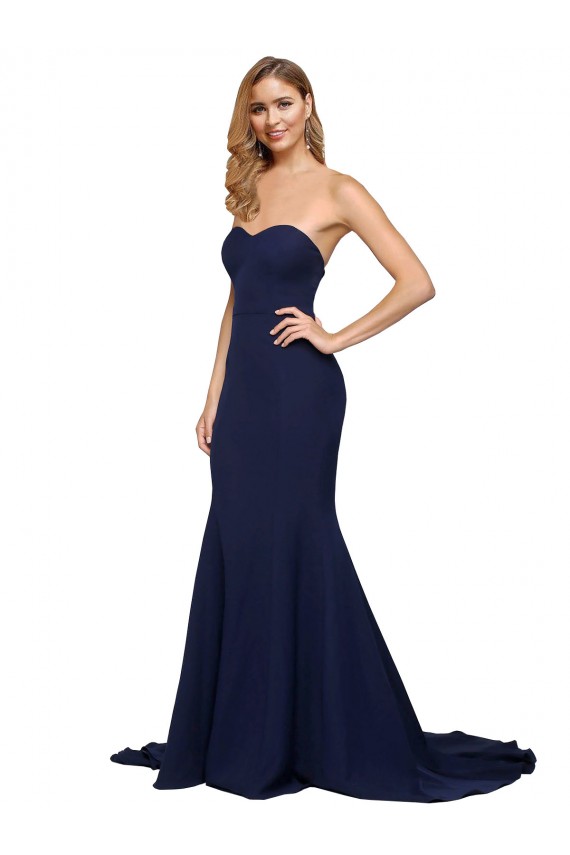 Low Back Dark Navy A-Line Sweetheart Sweep Train Formal Dresses
