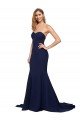 Low Back Dark Navy A-Line Sweetheart Sweep Train Formal Dresses