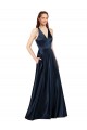 Keyhole Back Dark Navy A-Line V-Neck Long Formal Dress