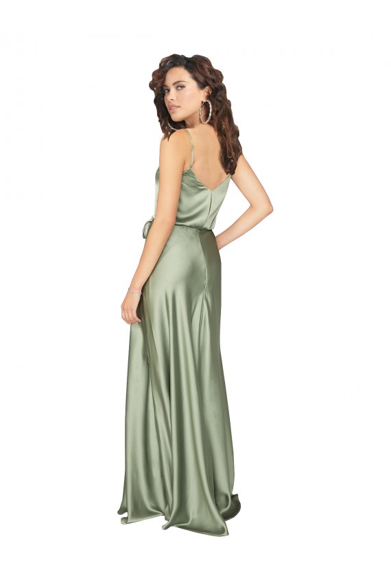 V-Back Smoke Green A-Line V-Neck Long Formal Dress
