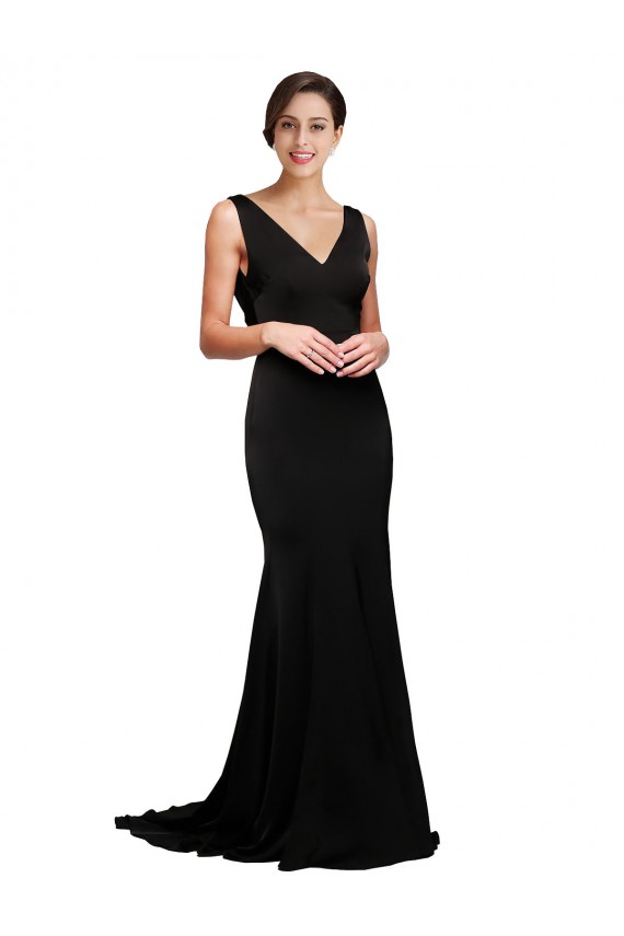 Low Back Black A-Line V-Neck Sweep Train Formal Dress