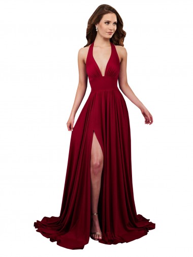 Cheap Open Back Burgundy A-Line V-Neck Long Black Tie Formal Dress UK