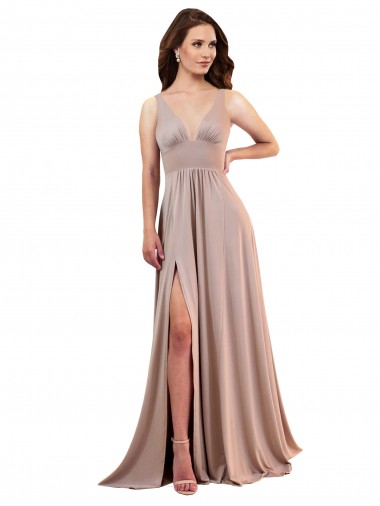 Cheap Low Back Dusty Pink A-Line V-Neck Long Black Tie Formal Dress UK