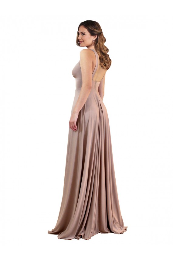 Low Back Dusty Pink A-Line V-Neck Long Black Tie Formal Dress