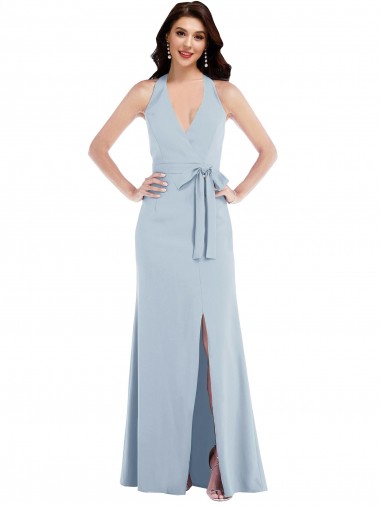 Cheap Open Back Light Sky Blue A-Line V-Neck Long Formal Dress UK