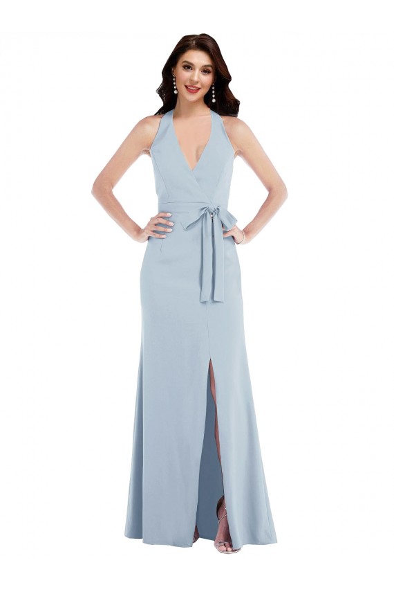 Open Back Light Sky Blue A-Line V-Neck Long Formal Dress