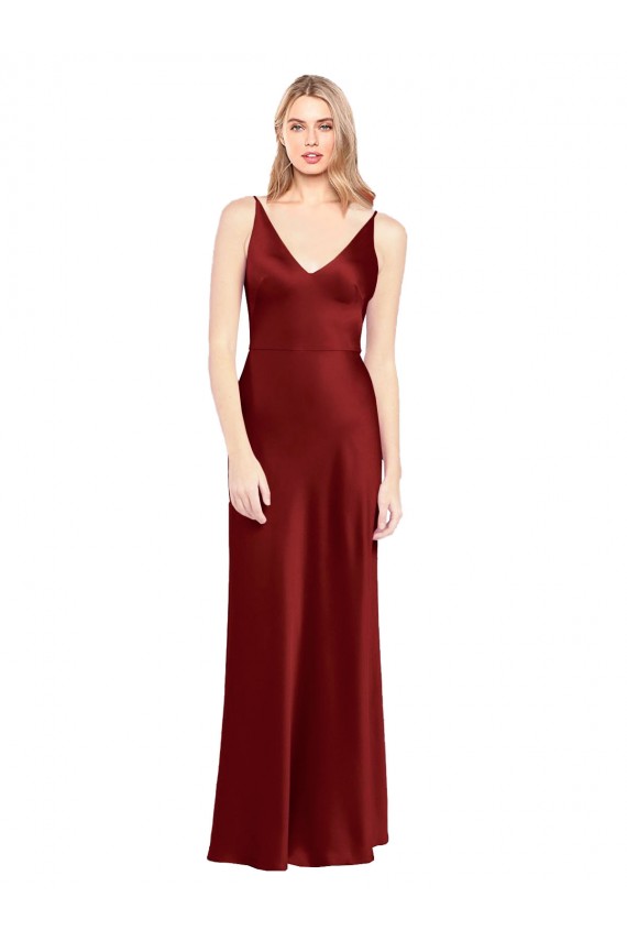 V-Back Burgundy A-Line V-Neck Long Formal Gowns