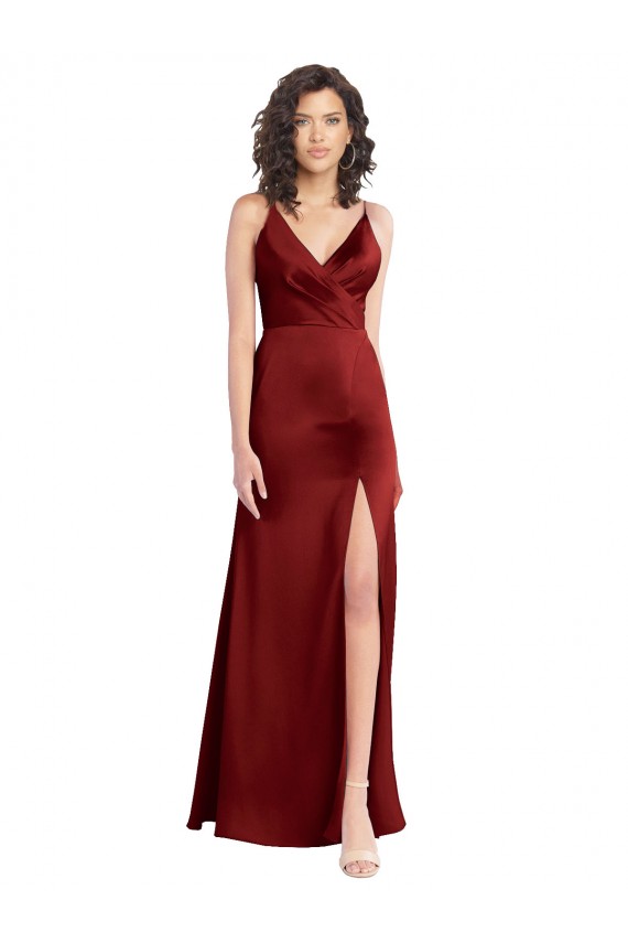 V-Back Burgundy A-Line V-Neck Sleeveless Long Formal Dresses