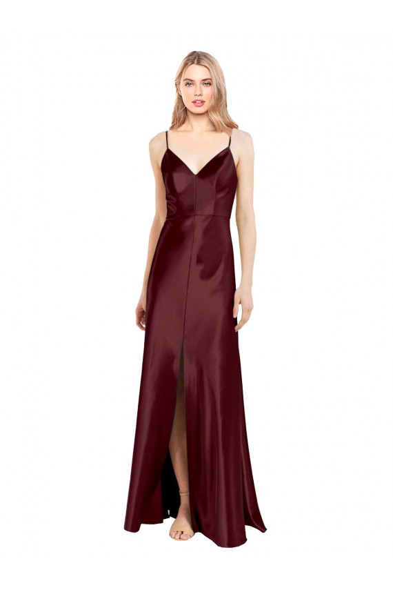 Burgundy Gold A-Line V-Neck Long Formal Dresses