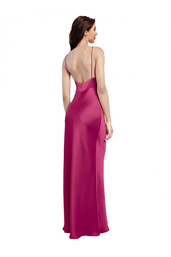 Low Back Fuchsia A-Line V-Neck Long Formal Dress