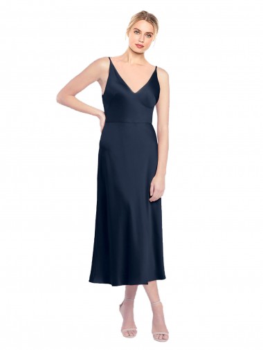 Cheap V-Back Dark Navy A-Line V-Neck Sleeveless Midi Length Formal Dress UK