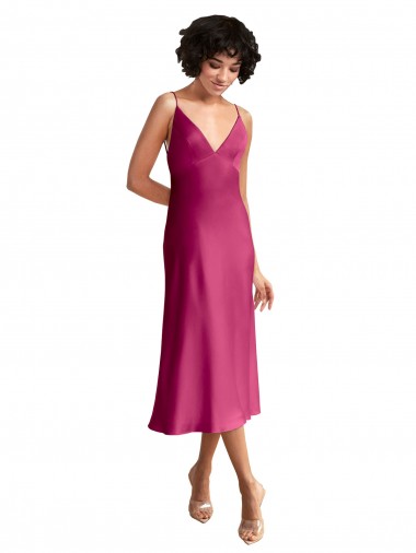 Cheap Low Back Fuchsia A-Line V-Neck Midi Length Formal Dress UK