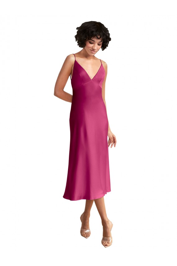 Low Back Fuchsia A-Line V-Neck Midi Length Formal Dress