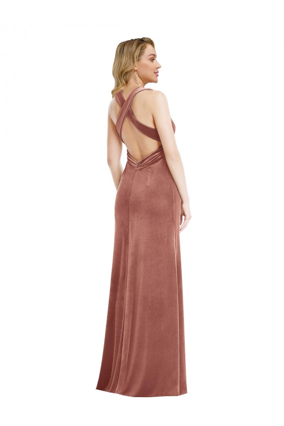 Open Back Cinnamon Rose A-Line V-Neck Long Formal Dress