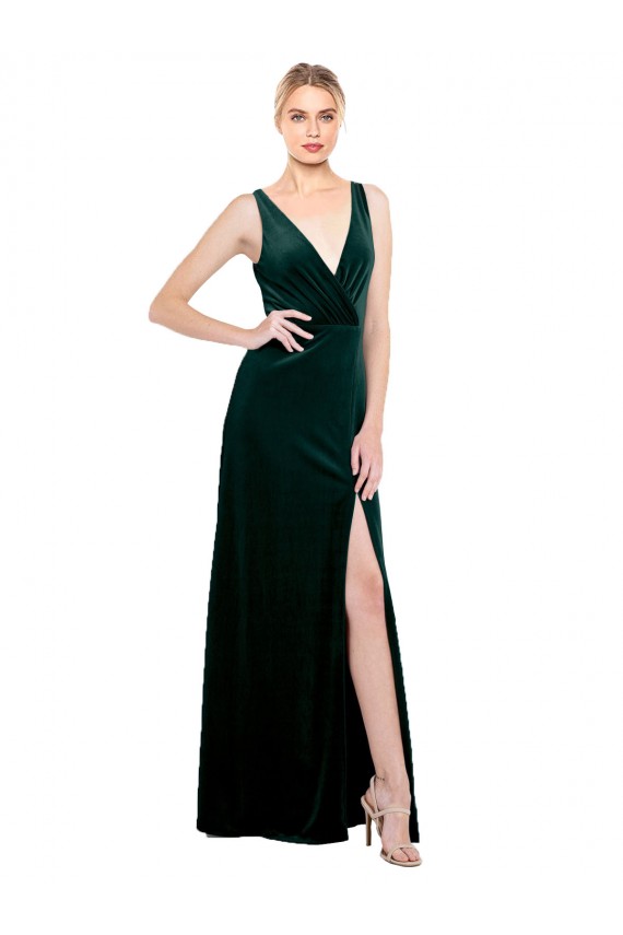 V-Back Dark Green A-Line V-Neck Long Black Tie Formal Dress